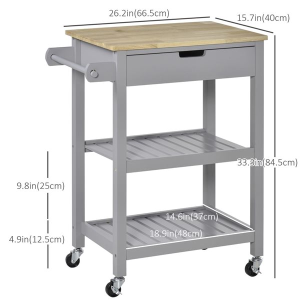 HomCom 26.2 L x 15.7 W x 33.3-in H Grey Rolling Kitchen Cart w/Drawer, Shelves and Towel Bar