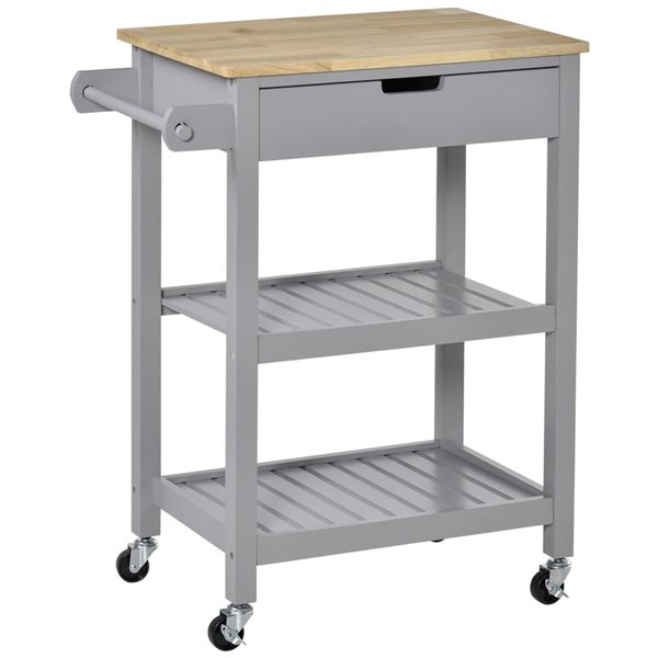 HomCom 26.2 L x 15.7 W x 33.3-in H Grey Rolling Kitchen Cart w/Drawer, Shelves and Towel Bar