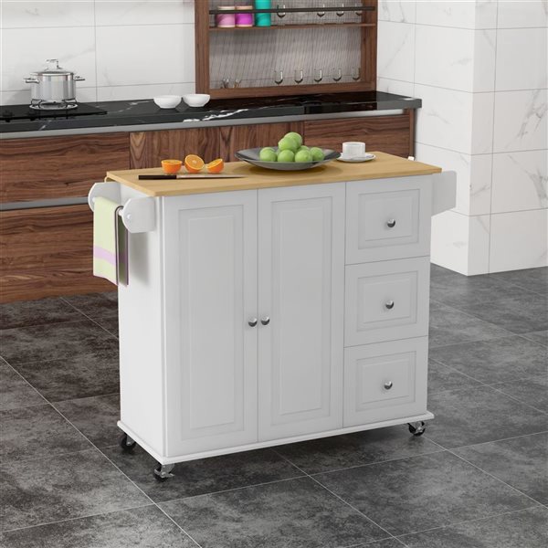 HomCom 45.3 W x 25.2 D x 36-in H White Rolling Kitchen Island w/ Towel Bar, 3 Drawers and Cabinet