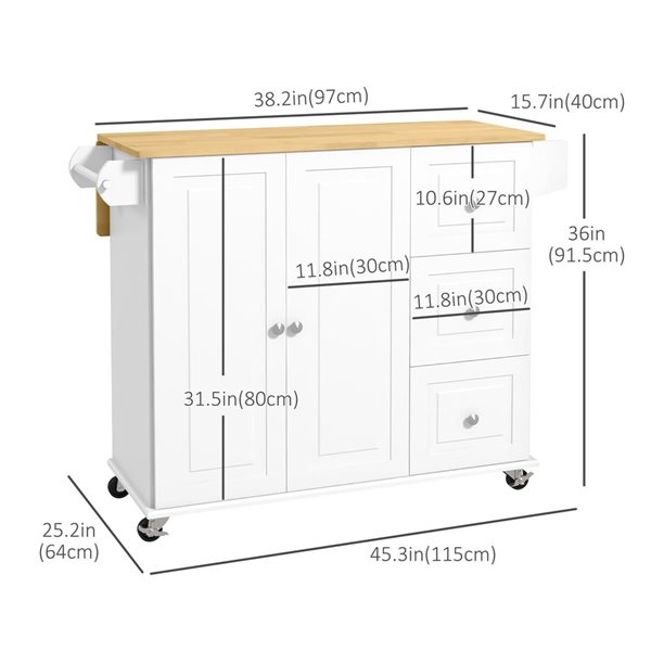 HomCom 45.3 W x 25.2 D x 36-in H White Rolling Kitchen Island w/ Towel Bar, 3 Drawers and Cabinet