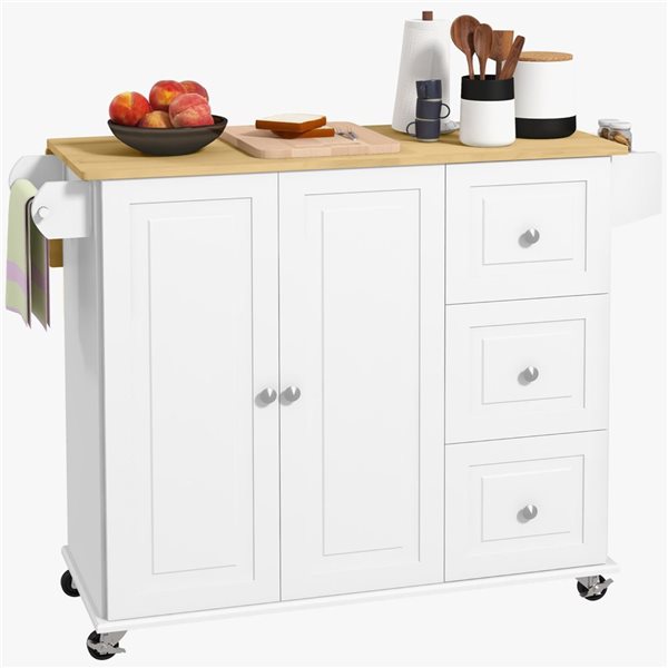 Îlot de cuisine roulant HomCom 45,3 l. x 25,2 p. x 36 po h. blanc avec porte-serviettes, 3 tiroirs et armoire