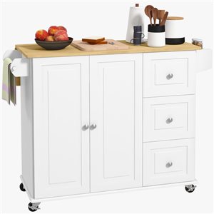 Îlot de cuisine roulant HomCom 45,3 l. x 25,2 p. x 36 po h. blanc avec porte-serviettes, 3 tiroirs et armoire