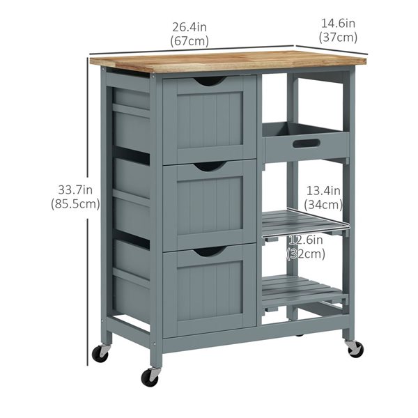 HomCom 26.4 L x 14.6 W x 33.7-in H Grey Rolling Kitchen Cart w/ Trays and Drawers