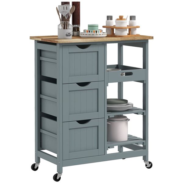 Chariot de cuisine roulant HomCom 26,4 L. x 14,6 l. x 33,7 po h. gris avec plateaux et tiroirs