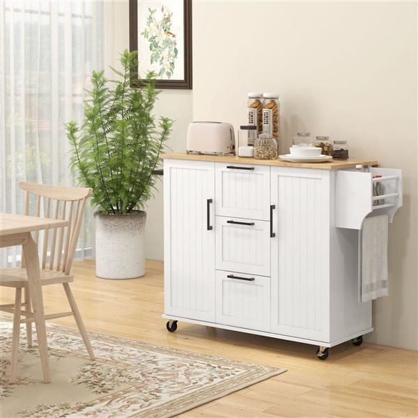 HomCom 52 W x 17.7 D x 36-in H White Rolling Kitchen Island w/ 3 Drawers, Cabinets, Towel Bar