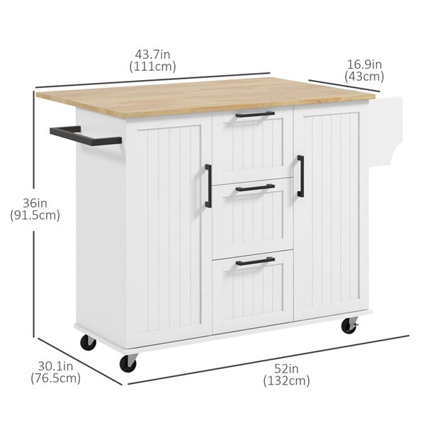 HomCom 52 W x 17.7 D x 36-in H White Rolling Kitchen Island w/ 3 Drawers, Cabinets, Towel Bar