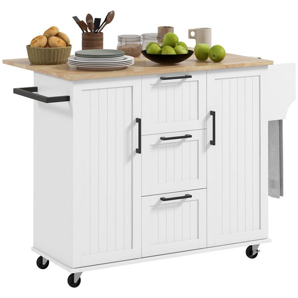 Îlot de cuisine roulant HomCom 52 l. x 17,7 p. x 36 po h. blanc avec 3 tiroirs, armoires, porte-serviettes