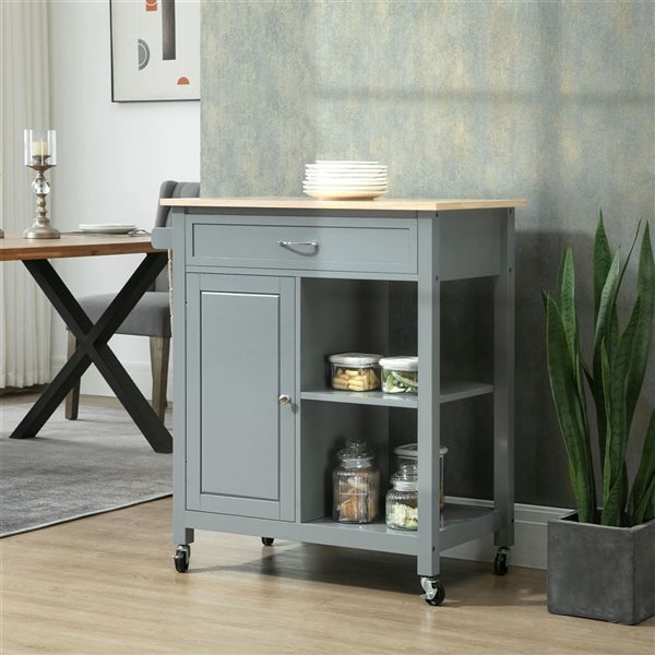 HomCom 32.75 W x 17.75 D x 34.75-in H Grey Rolling Kitchen Cart w/ Wood Top, Drawer and Shelves