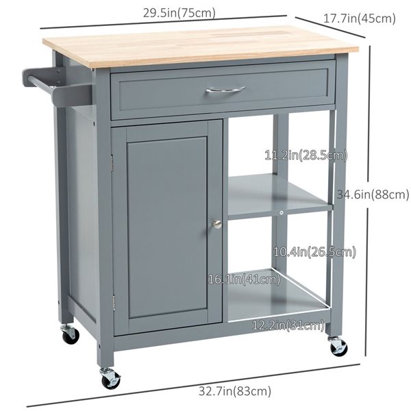 HomCom 32.75 W x 17.75 D x 34.75-in H Grey Rolling Kitchen Cart w/ Wood Top, Drawer and Shelves