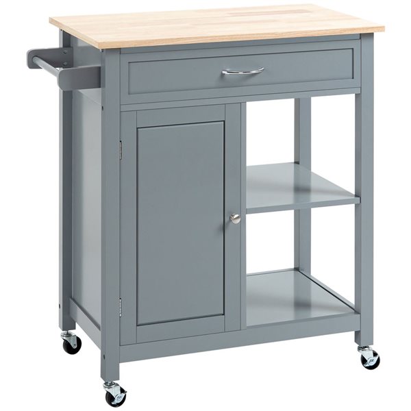 HomCom 32.75 W x 17.75 D x 34.75-in H Grey Rolling Kitchen Cart w/ Wood Top, Drawer and Shelves