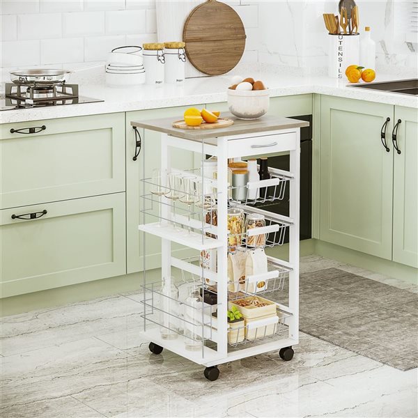 HomCom 18.5 L x 14.6 W x 32.7-in H White Rolling Kitchen Cart w/ 4 Removable Baskets and 2 Side Racks