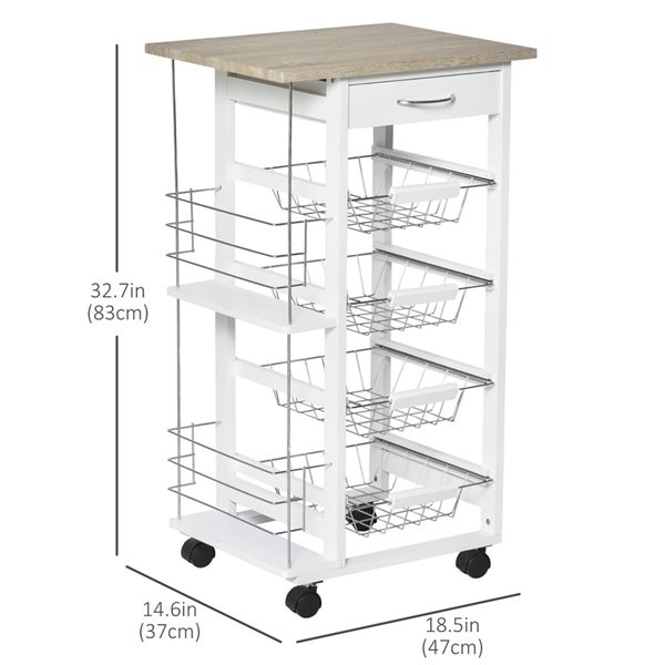 HomCom 18.5 L x 14.6 W x 32.7-in H White Rolling Kitchen Cart w/ 4 Removable Baskets and 2 Side Racks