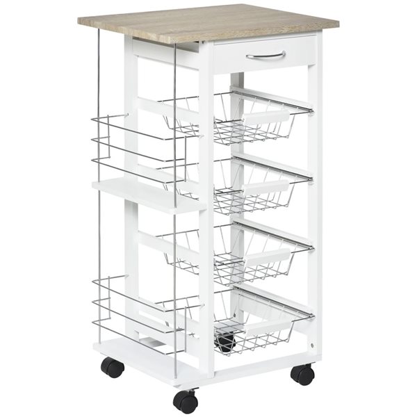 HomCom 18.5 L x 14.6 W x 32.7-in H White Rolling Kitchen Cart w/ 4 Removable Baskets and 2 Side Racks