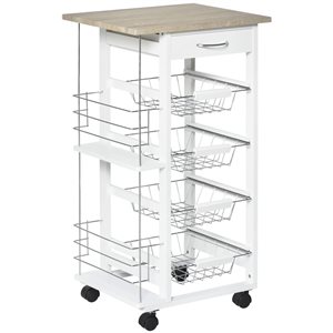 HomCom 18.5 L x 14.6 W x 32.7-in H White Rolling Kitchen Cart w/ 4 Removable Baskets and 2 Side Racks