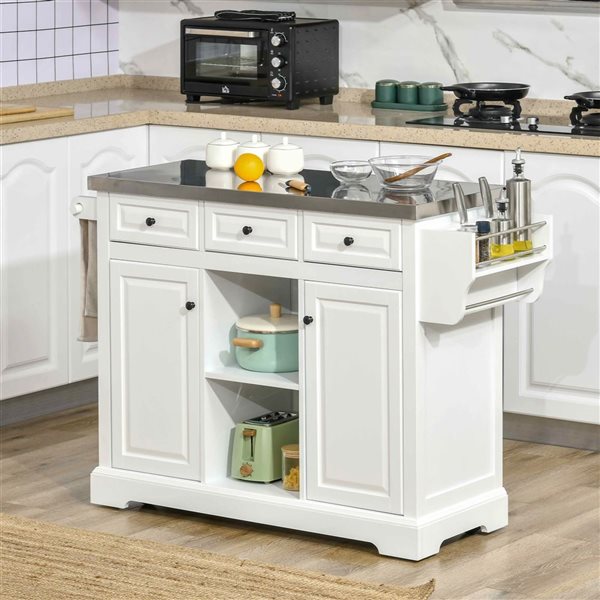 HomCom 50.8 W x 18 D x 36-in H White Kitchen Island w/ Drawers, Side Spice Rack and Stainless Steel Countertop