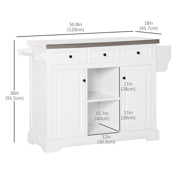 HomCom 50.8 W x 18 D x 36-in H White Kitchen Island w/ Drawers, Side Spice Rack and Stainless Steel Countertop