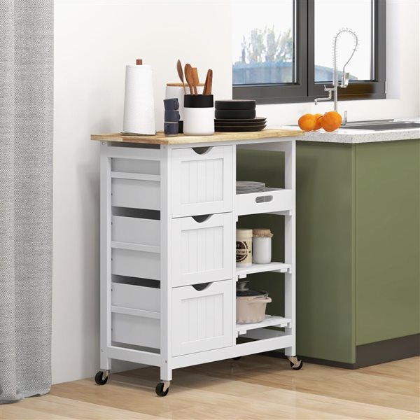 HomCom 26.4 L x 14.6 W x 33.7-in H White Rolling Kitchen Cart w/ Trays and Drawers