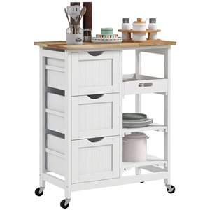 Chariot de cuisine roulant HomCom 26,4 L. x 14,6 l. x 33,7 po h. blanc avec plateaux et tiroirs