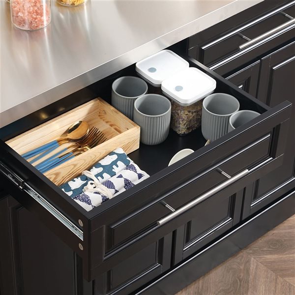 HomCom 57 W x 18 D x 37-in H Black Kitchen Island w/ Drawers, Side Spice Rack and Stainless Steel Countertop