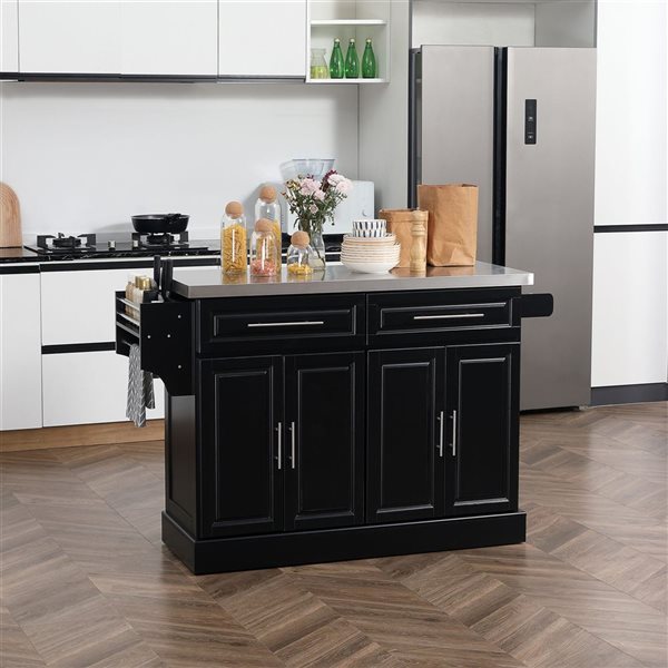 HomCom 57 W x 18 D x 37-in H Black Kitchen Island w/ Drawers, Side Spice Rack and Stainless Steel Countertop