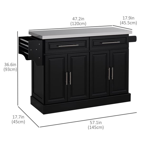 HomCom 57 W x 18 D x 37-in H Black Kitchen Island w/ Drawers, Side Spice Rack and Stainless Steel Countertop