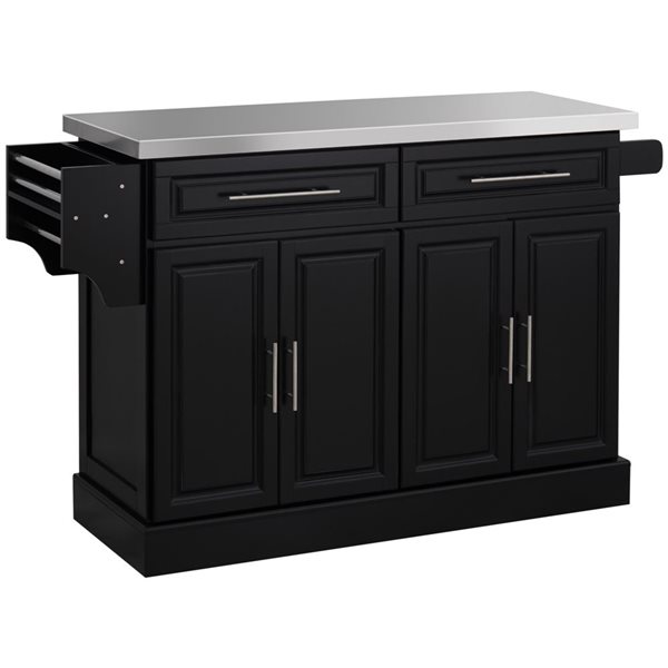 HomCom 57 W x 18 D x 37-in H Black Kitchen Island w/ Drawers, Side Spice Rack and Stainless Steel Countertop