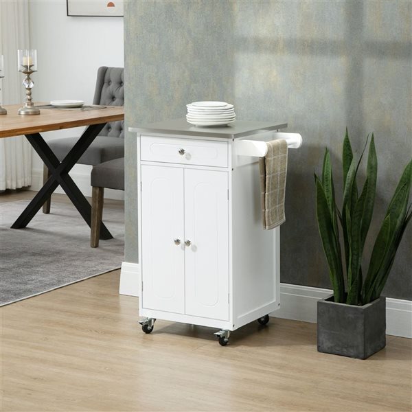 HomCom 23.6 W x 17.7 D x 33.5-in H White Kitchen Cart on Wheels w/ Drawer, Cabinet and Stainless Steel Countertop