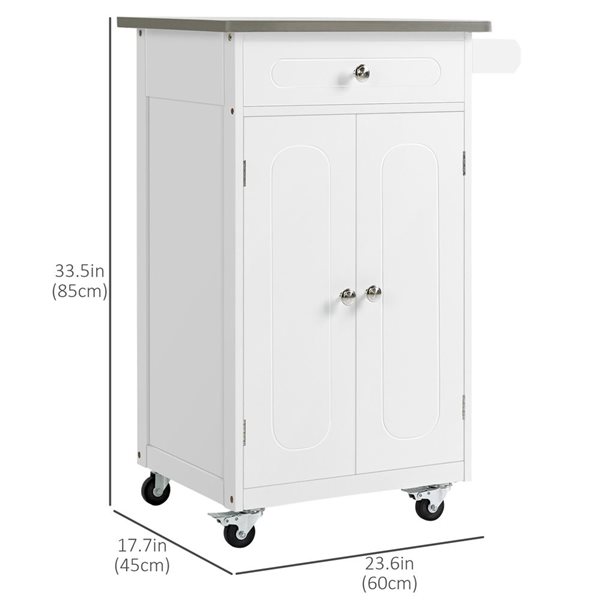 HomCom 23.6 W x 17.7 D x 33.5-in H White Kitchen Cart on Wheels w/ Drawer, Cabinet and Stainless Steel Countertop