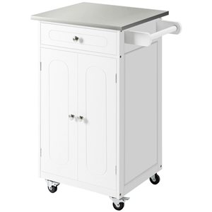 HomCom 23.6 W x 17.7 D x 33.5-in H White Kitchen Cart on Wheels w/ Drawer, Cabinet and Stainless Steel Countertop