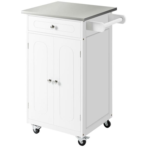 Chariot de cuisine roulant HomCom 23,6 l. x 17,7 p. x 33,5 po h. blanc avec tiroir, armoire et comptoir acier inoxydable