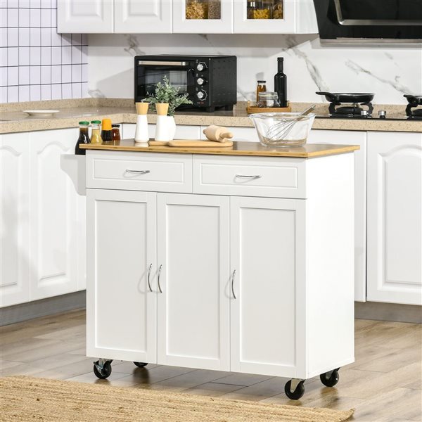 HomCom 44 W x 17.9 D x 36.8-in H White Rolling Kitchen Island w/ Bamboo Countertop, 2 Drawers and Cabinets