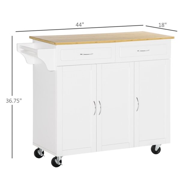 HomCom 44 W x 17.9 D x 36.8-in H White Rolling Kitchen Island w/ Bamboo Countertop, 2 Drawers and Cabinets