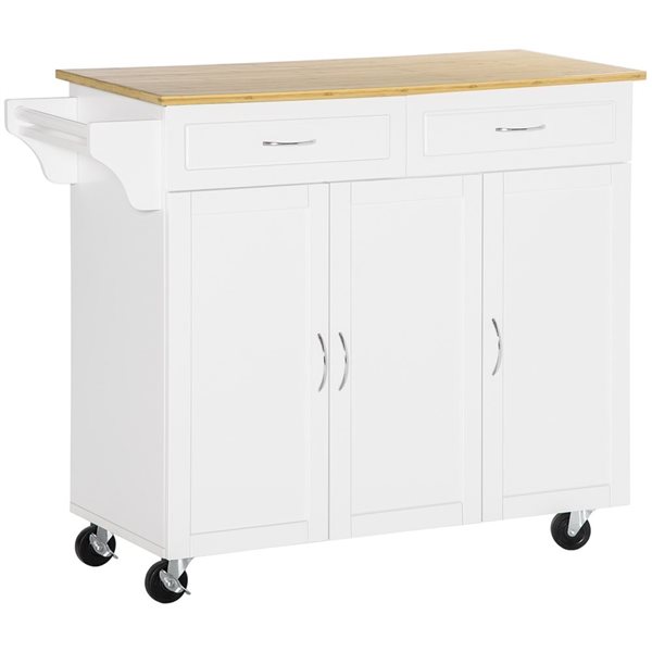 Îlot de cuisine roulant HomCom 44 l. x 17,9 p. x 36,8 po h. blanc avec comptoir en bambou, 2 tiroirs et armoires