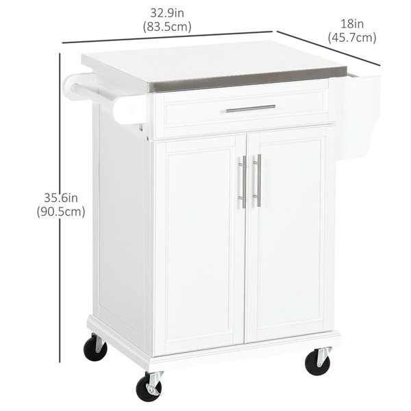 HomCom 32.9 W x 18 D x 35.6-in H White Kitchen Island on Wheels w/ Stainless Steel Top, Drawer and Cabinet