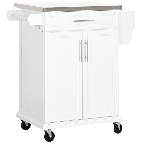 Îlot de cuisine sur roues HomCom 32,9 l. x 18 p. x 35,6 po h. blanc avec comptoir acier inoxydable, tiroir et armoire