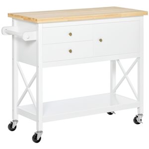HomCom 42.5 W x 17.7 D x 35-in H White Rolling Kitchen Island w/ Drawers, Cabinet and Shelf