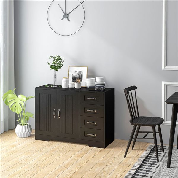 Buffet 2 portes/4 tiroirs HomCom 41,3 l. x 15,7 p. x 29,9 po h. panneau de particules noir