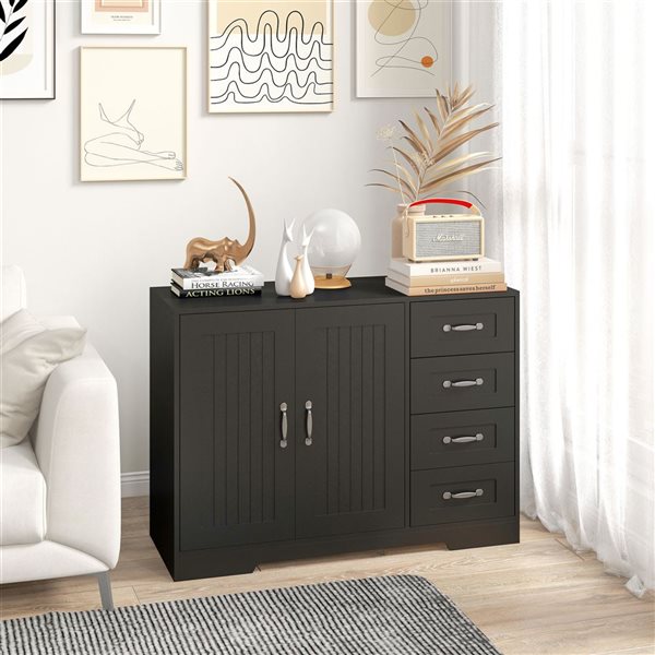 Buffet 2 portes/4 tiroirs HomCom 41,3 l. x 15,7 p. x 29,9 po h. panneau de particules noir