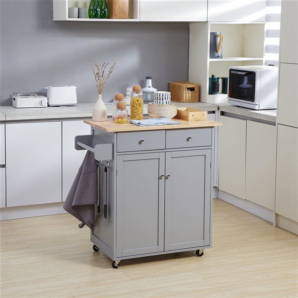 HomCom 34.3 W x 18.9 D x 35.4-in H Grey/Rubberwood Rolling Kitchen Island w/ Drawers, Cabinet, Towel Bar