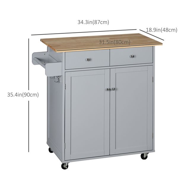 HomCom 34.3 W x 18.9 D x 35.4-in H Grey/Rubberwood Rolling Kitchen Island w/ Drawers, Cabinet, Towel Bar