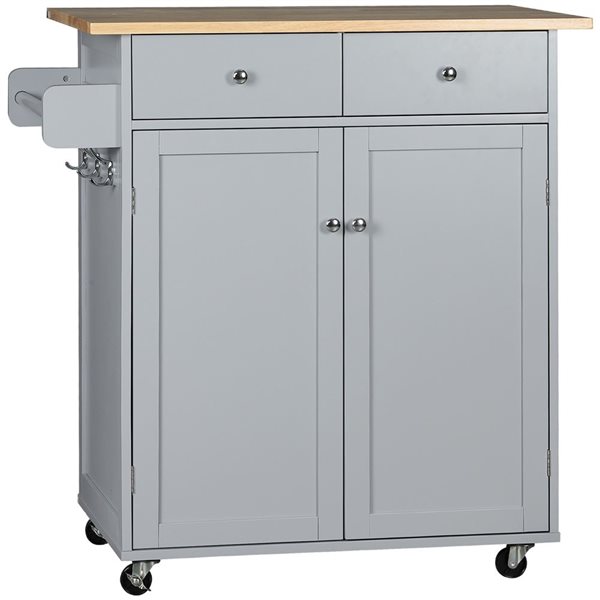 Îlot de cuisine roulant HomCom 34,3 l. x 18,9 p. x 35,4 po h. gris et bois d'hévéa, tiroirs, armoire, porte-serviettes