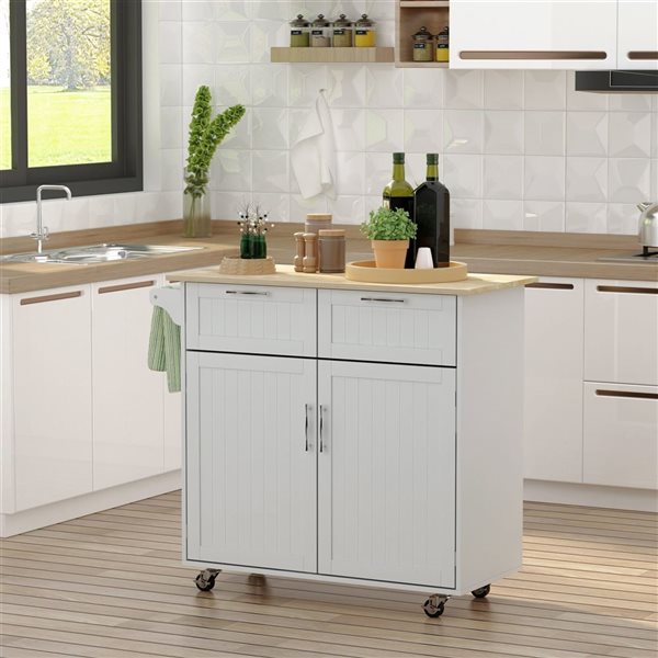 HomCom 40.9 L x 18.1 W x 35.8-in H White Rolling Kitchen Cart w/ Rubberwood Top, Cabinet, Drawers