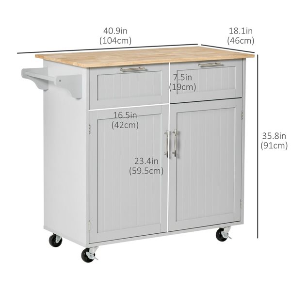 HomCom 40.9 L x 18.1 W x 35.8-in H White Rolling Kitchen Cart w/ Rubberwood Top, Cabinet, Drawers