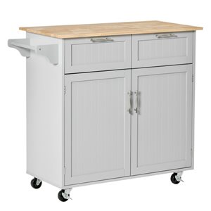 Chariot de cuisine roulant HomCom 40,9 L. x 18,1 l. x 35,8 po h. blanc avec plateau en bois d'hévéa, armoire, tiroirs