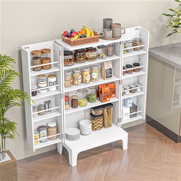 HomCom 23.6 W x 11.8 D x 43.7-in H White Composite Kitchen Pantry Storage Cabinet w/ 4-Tier Shelving and 8 Spice Racks