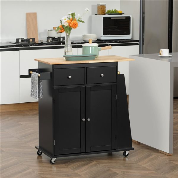 HomCom 35 W x 17.7 D x 35.2-in H Black Kitchen Island on Wheels w/ Spice Rack, Drawers, Rubberwood Top