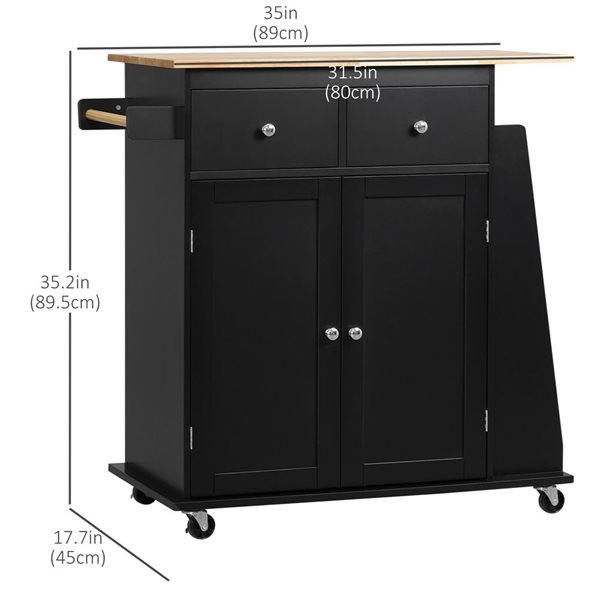 HomCom 35 W x 17.7 D x 35.2-in H Black Kitchen Island on Wheels w/ Spice Rack, Drawers, Rubberwood Top