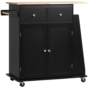 HomCom 35 W x 17.7 D x 35.2-in H Black Kitchen Island on Wheels w/ Spice Rack, Drawers, Rubberwood Top