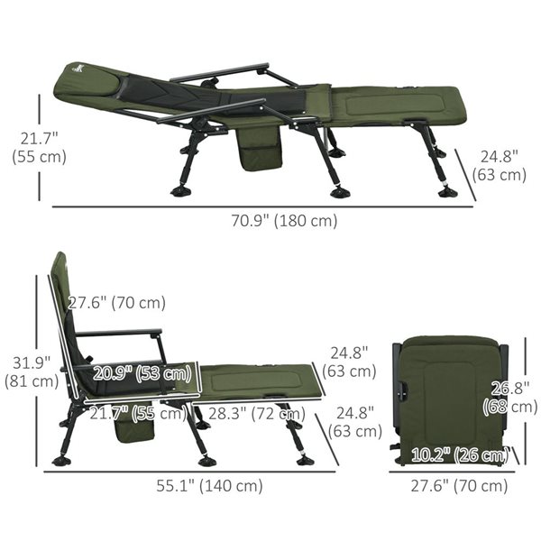 Outsunny Folding Fishing Bed Chair with Reclining Back Footrest Dark Green