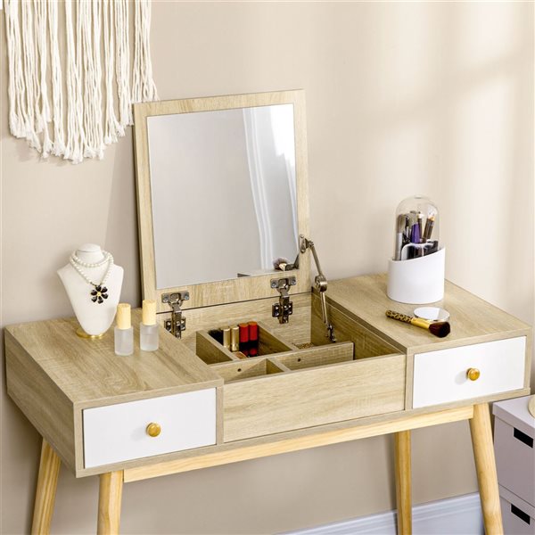 HomCom 39 W x 18 D x 47-in H Natural Engineered Wood Makeup/Dressing Table w/ Flip Top Mirror, Drawers and Stool